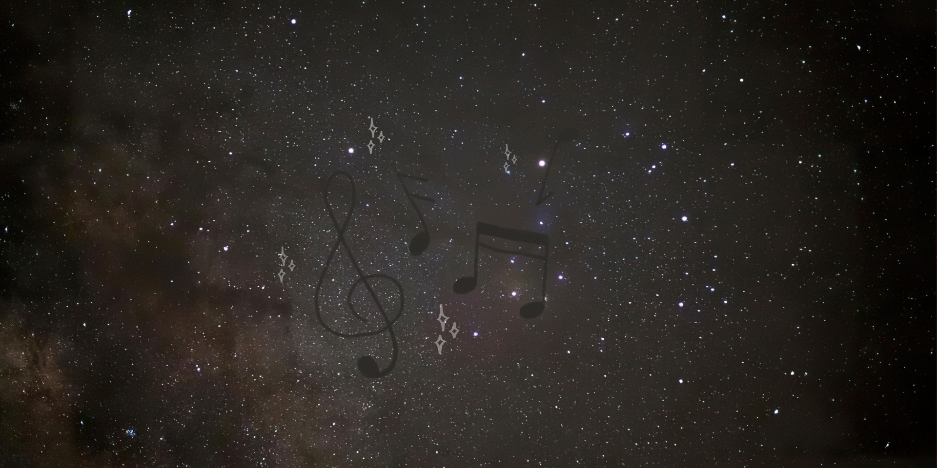 The night sky full of stars with hand drawn music notes