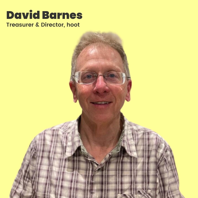 yellow background with a picture of David and his name written with Treasurer & Director, hoot written in the top left hand corner