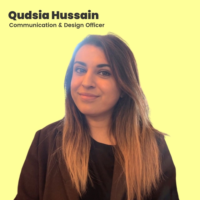 Yellow square with picture of Qudsia with text Qudsia Hussain and Job title in black in the left hand corner