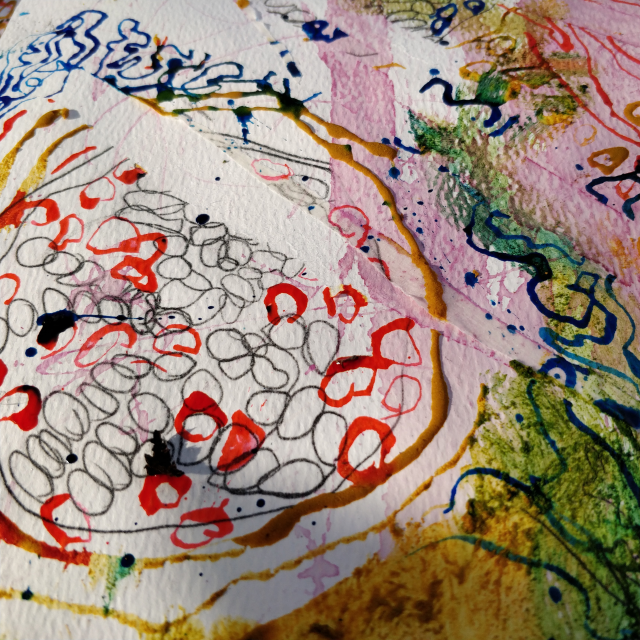 image of artwork - red, pink black blue green swirls and circles 